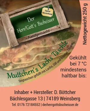 Verpackungsetikett von Muttchen’s Lachstäschchen, 250 g