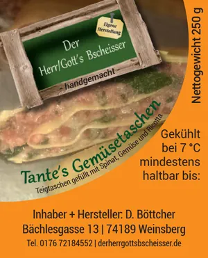 Verpackungsetikett von Tante’s Gemüsetaschen, 250 g