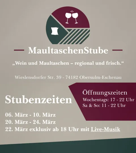 Aushang der MaultaschenStube mit Logo, Adresse und Öffnungszeiten